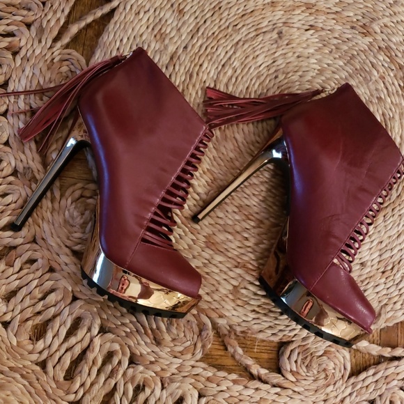 Peeptoe Oxblood Stiletto Tassel platform Heels - Picture 6 of 8